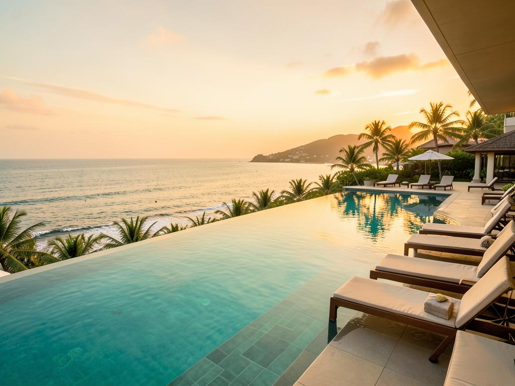 Luxury resort pool overlooking the ocean at sunset